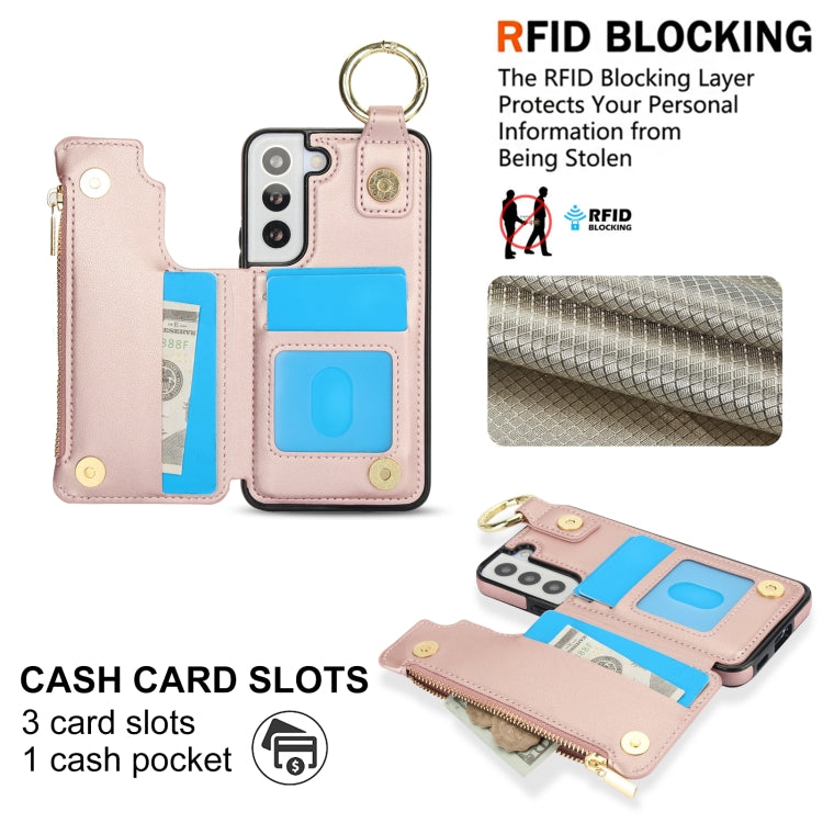 For Samsung Galaxy S21 FE 5G RFlD Anti-theft Double Buckle Ring Zipper Card Phone Case