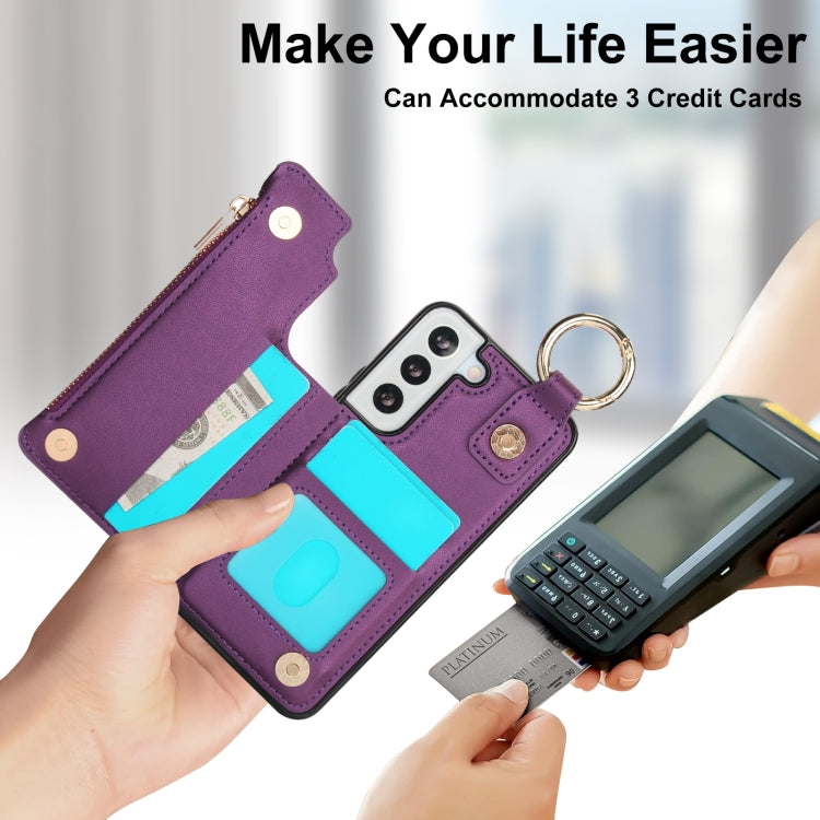 For Samsung Galaxy S21 FE 5G RFlD Anti-theft Double Buckle Ring Zipper Card Phone Case