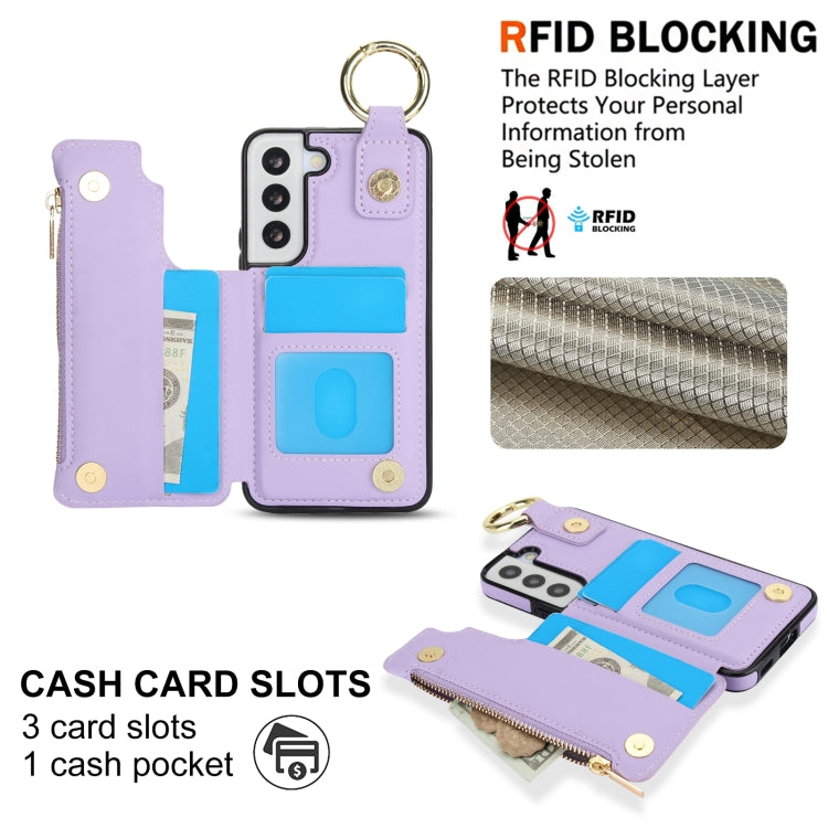 For Samsung Galaxy S21 FE 5G RFlD Anti-theft Double Buckle Ring Zipper Card Phone Case