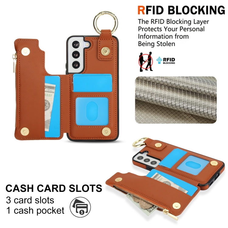 For Samsung Galaxy S21 FE 5G RFlD Anti-theft Double Buckle Ring Zipper Card Phone Case