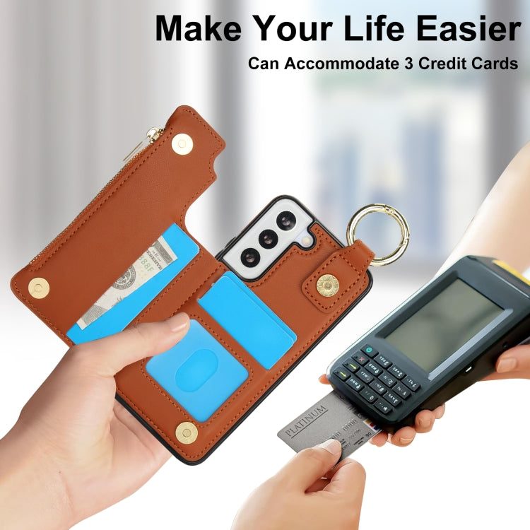 For Samsung Galaxy S21 FE 5G RFlD Anti-theft Double Buckle Ring Zipper Card Phone Case