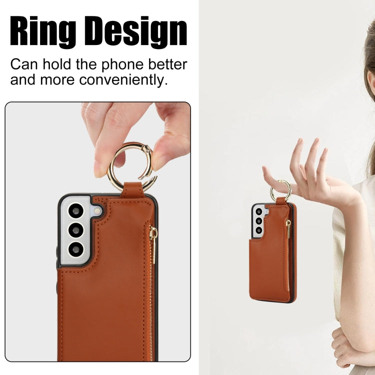 For Samsung Galaxy S21 FE 5G RFlD Anti-theft Double Buckle Ring Zipper Card Phone Case
