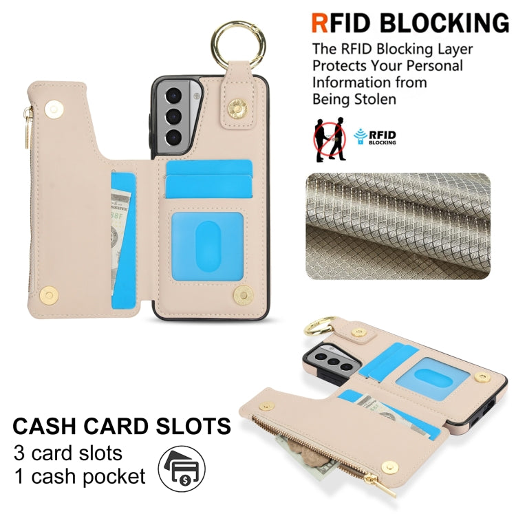 For Samsung Galaxy S21 5G RFlD Anti-theft Double Buckle Ring Zipper Card Phone Case