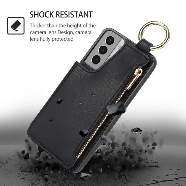 For Samsung Galaxy S21 5G RFlD Anti-theft Double Buckle Ring Zipper Card Phone Case