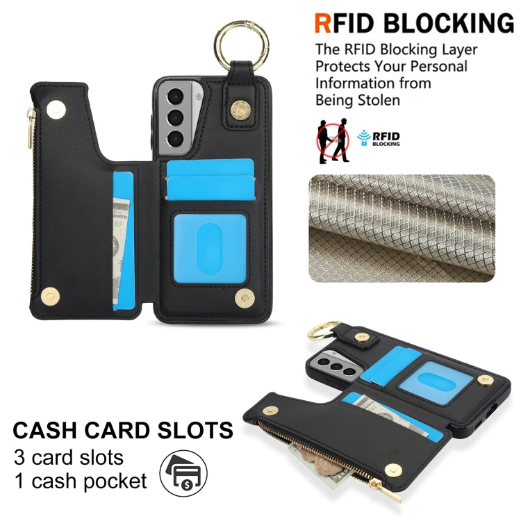 For Samsung Galaxy S21 5G RFlD Anti-theft Double Buckle Ring Zipper Card Phone Case