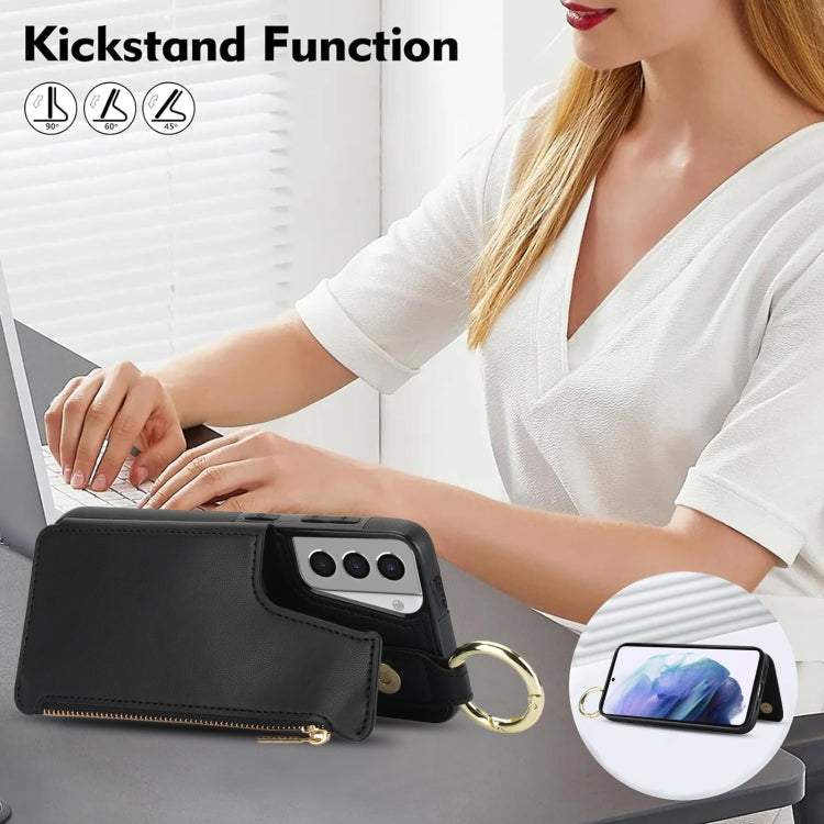 For Samsung Galaxy S21 5G RFlD Anti-theft Double Buckle Ring Zipper Card Phone Case