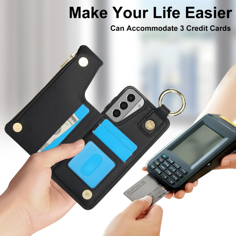 For Samsung Galaxy S21 5G RFlD Anti-theft Double Buckle Ring Zipper Card Phone Case
