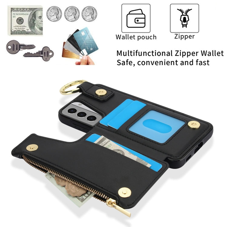 For Samsung Galaxy S21 5G RFlD Anti-theft Double Buckle Ring Zipper Card Phone Case
