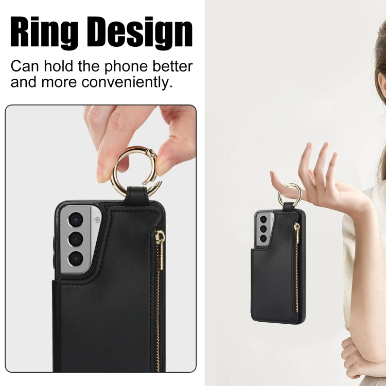 For Samsung Galaxy S21 5G RFlD Anti-theft Double Buckle Ring Zipper Card Phone Case