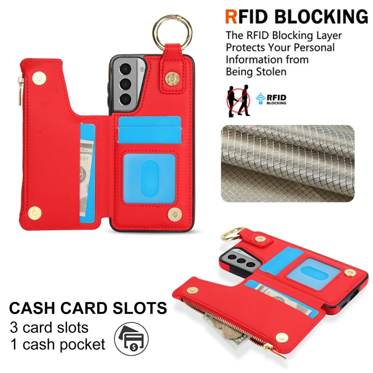 For Samsung Galaxy S21 5G RFlD Anti-theft Double Buckle Ring Zipper Card Phone Case