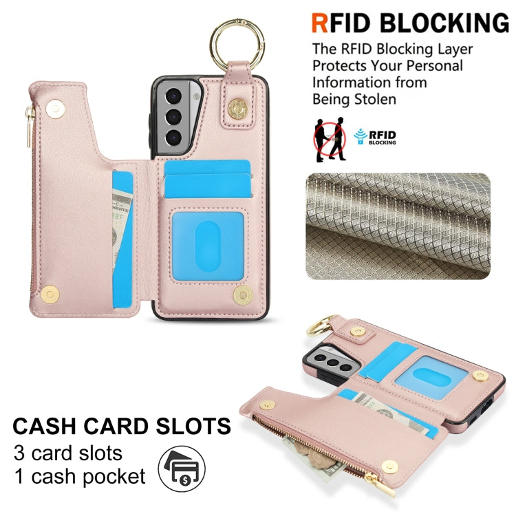 For Samsung Galaxy S21 5G RFlD Anti-theft Double Buckle Ring Zipper Card Phone Case