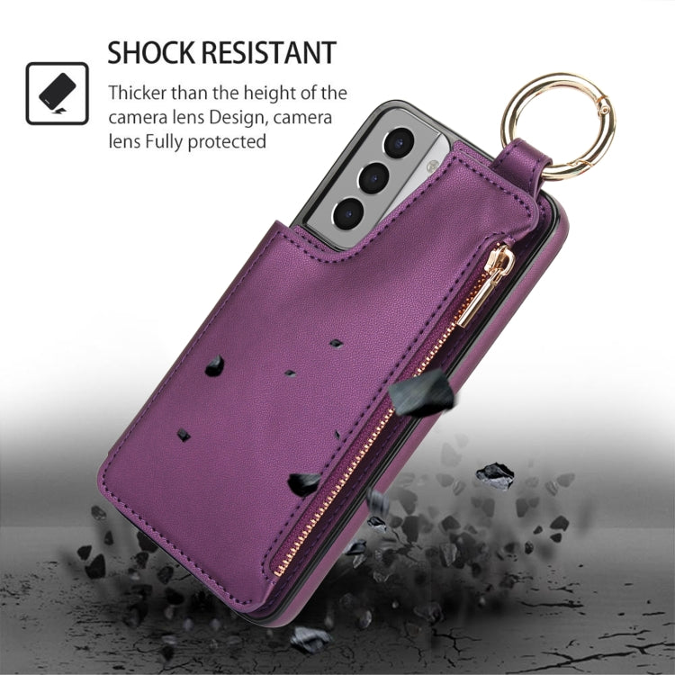 For Samsung Galaxy S21 5G RFlD Anti-theft Double Buckle Ring Zipper Card Phone Case