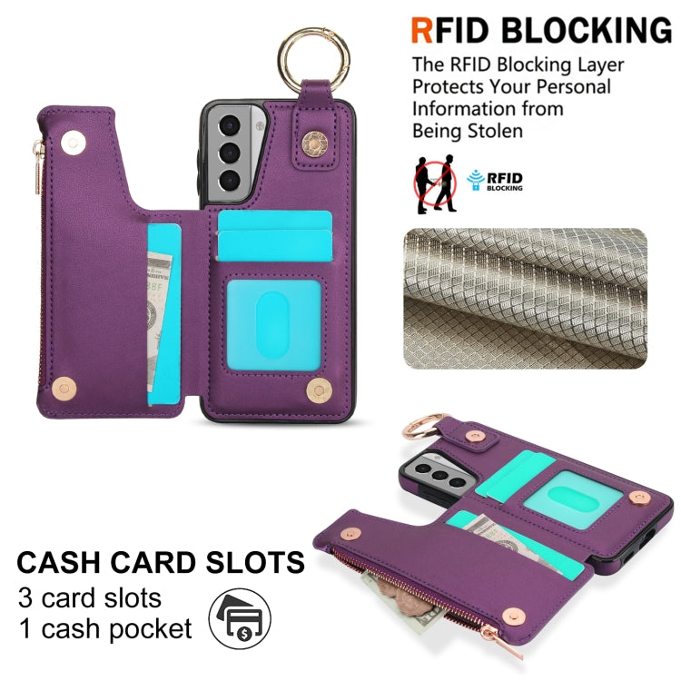 For Samsung Galaxy S21 5G RFlD Anti-theft Double Buckle Ring Zipper Card Phone Case