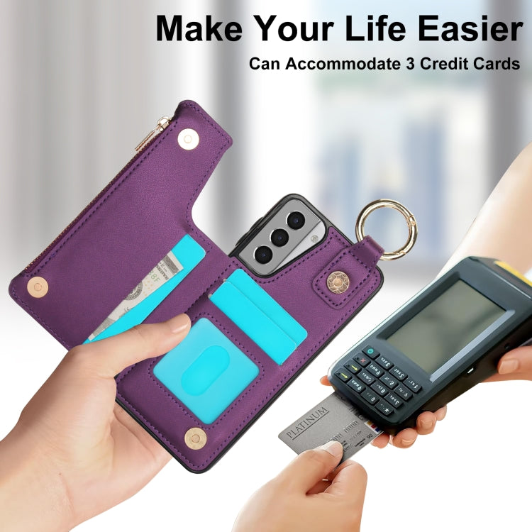 For Samsung Galaxy S21 5G RFlD Anti-theft Double Buckle Ring Zipper Card Phone Case