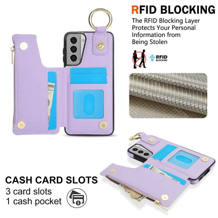 For Samsung Galaxy S21 5G RFlD Anti-theft Double Buckle Ring Zipper Card Phone Case