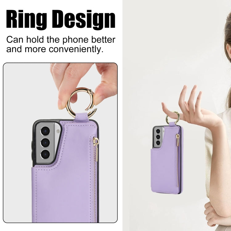 For Samsung Galaxy S21 5G RFlD Anti-theft Double Buckle Ring Zipper Card Phone Case