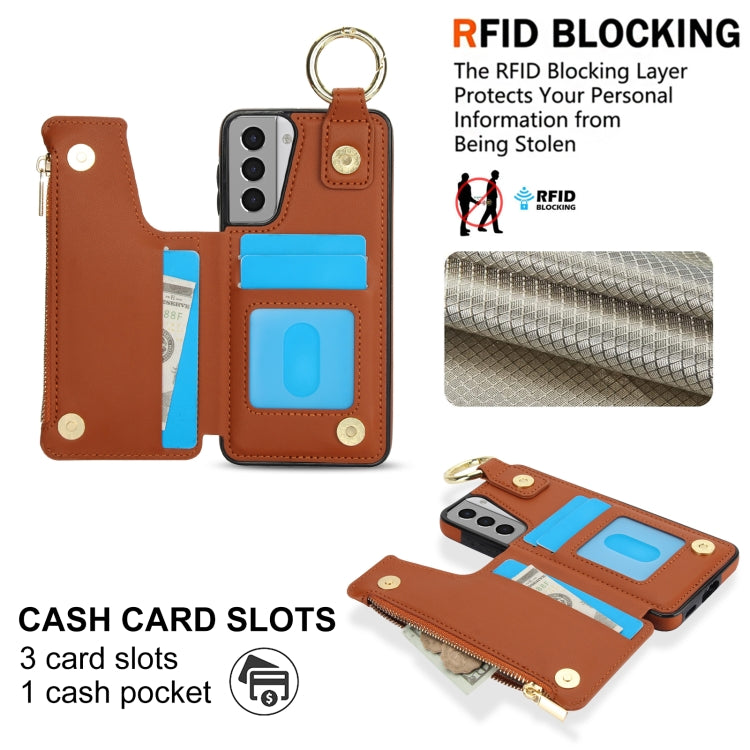 For Samsung Galaxy S21 5G RFlD Anti-theft Double Buckle Ring Zipper Card Phone Case