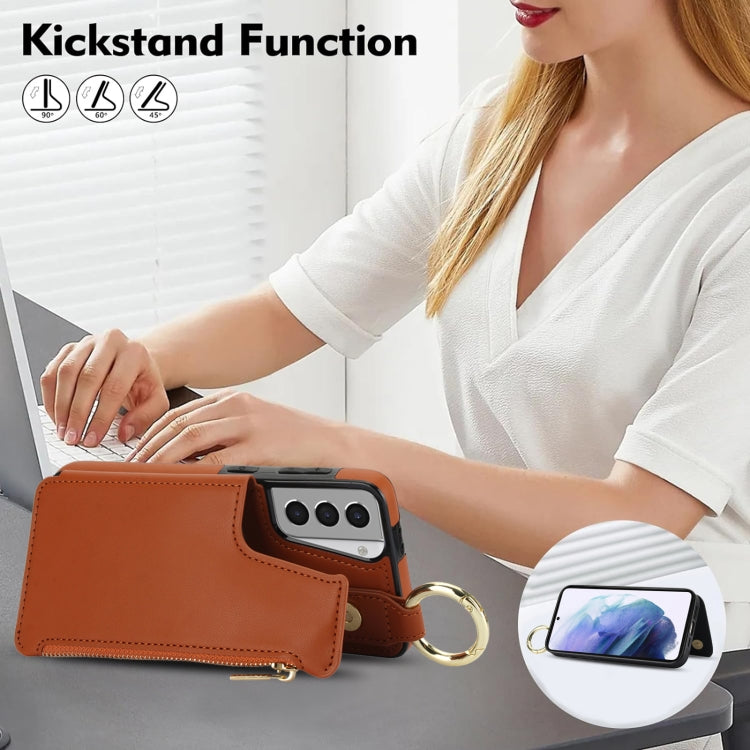 For Samsung Galaxy S21 5G RFlD Anti-theft Double Buckle Ring Zipper Card Phone Case