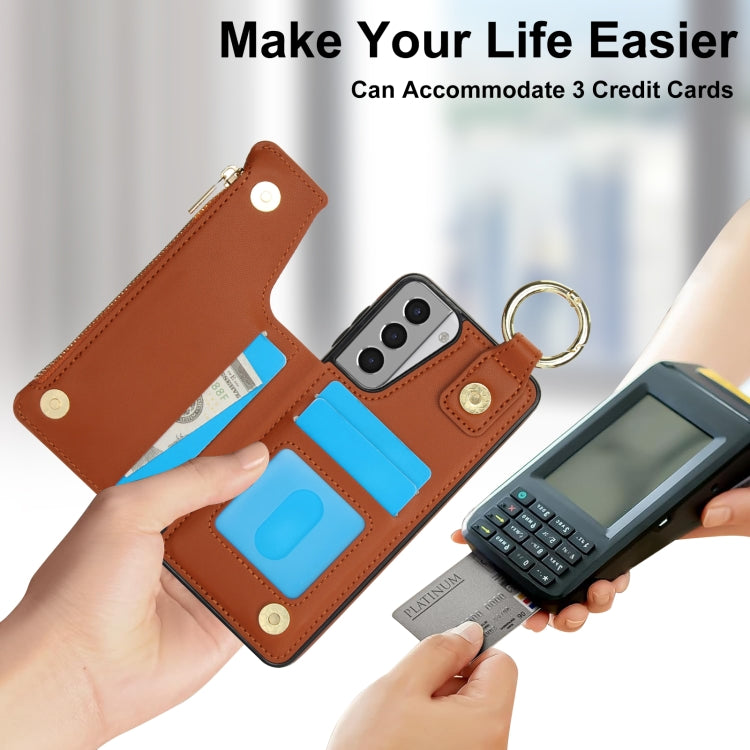 For Samsung Galaxy S21 5G RFlD Anti-theft Double Buckle Ring Zipper Card Phone Case