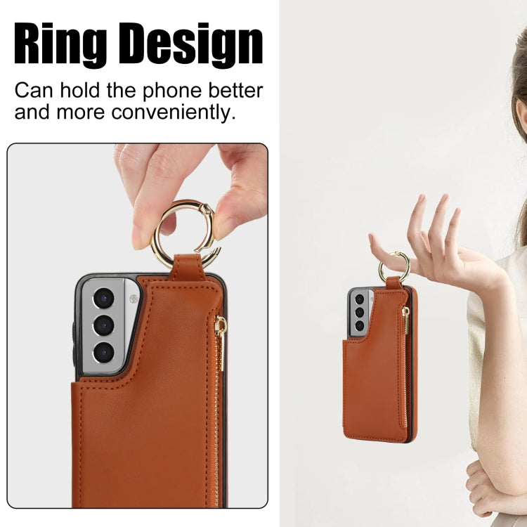For Samsung Galaxy S21 5G RFlD Anti-theft Double Buckle Ring Zipper Card Phone Case