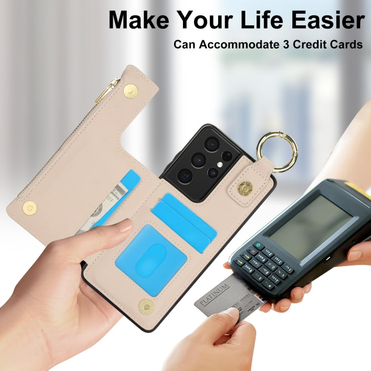 For Samsung Galaxy S21 Ultra 5G RFlD Anti-theft Double Buckle Ring Zipper Card Phone Case