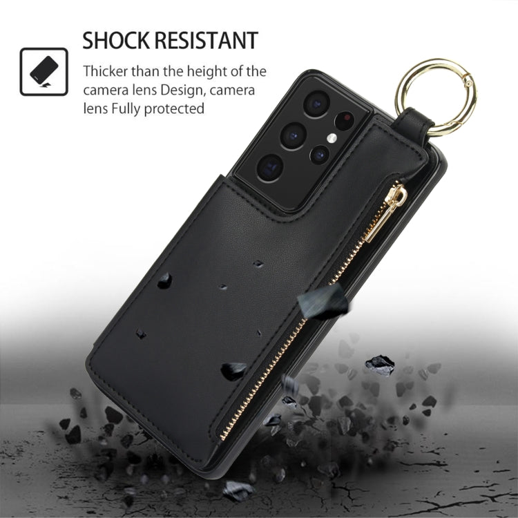 For Samsung Galaxy S21 Ultra 5G RFlD Anti-theft Double Buckle Ring Zipper Card Phone Case