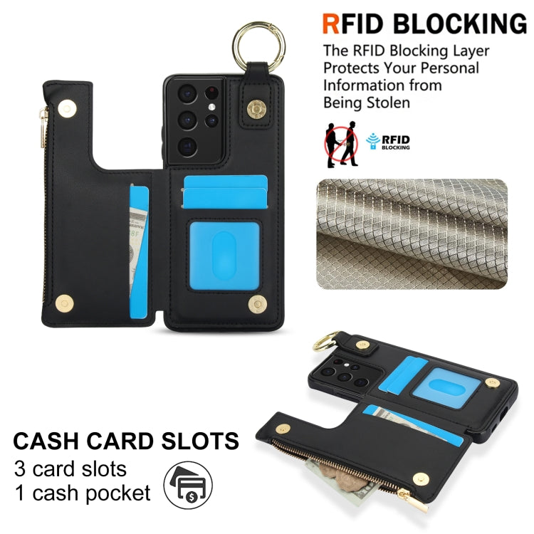 For Samsung Galaxy S21 Ultra 5G RFlD Anti-theft Double Buckle Ring Zipper Card Phone Case