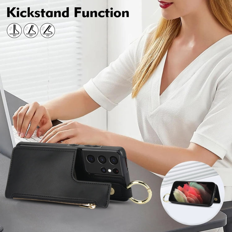 For Samsung Galaxy S21 Ultra 5G RFlD Anti-theft Double Buckle Ring Zipper Card Phone Case