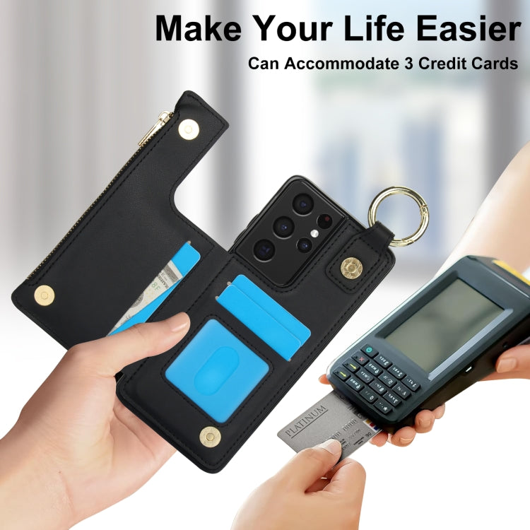 For Samsung Galaxy S21 Ultra 5G RFlD Anti-theft Double Buckle Ring Zipper Card Phone Case