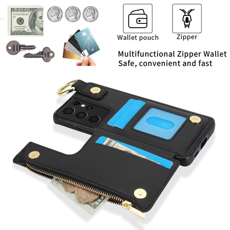 For Samsung Galaxy S21 Ultra 5G RFlD Anti-theft Double Buckle Ring Zipper Card Phone Case