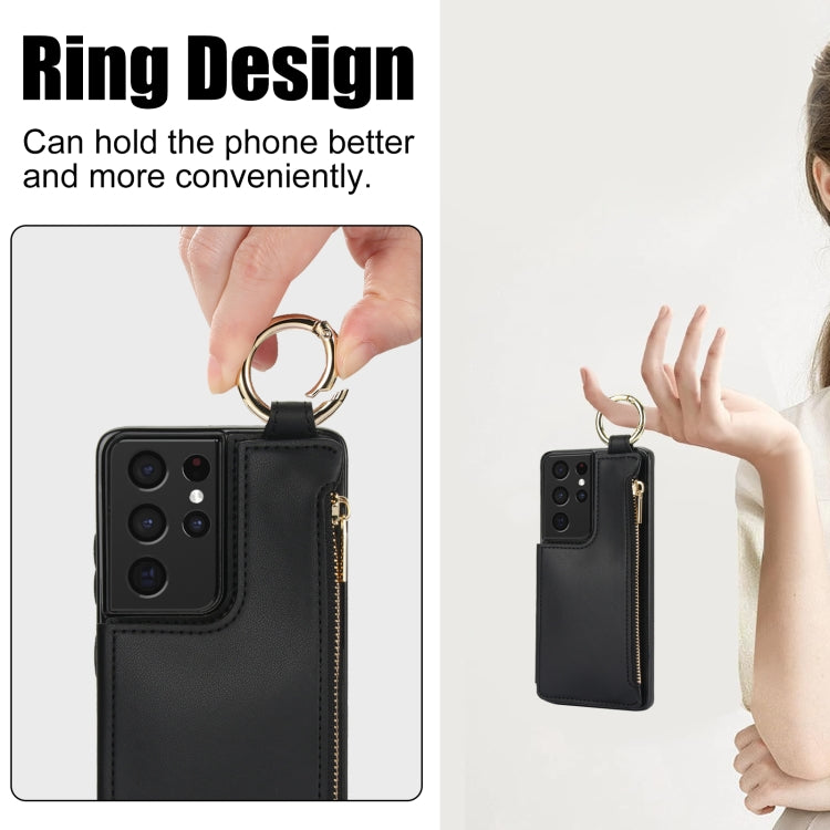 For Samsung Galaxy S21 Ultra 5G RFlD Anti-theft Double Buckle Ring Zipper Card Phone Case