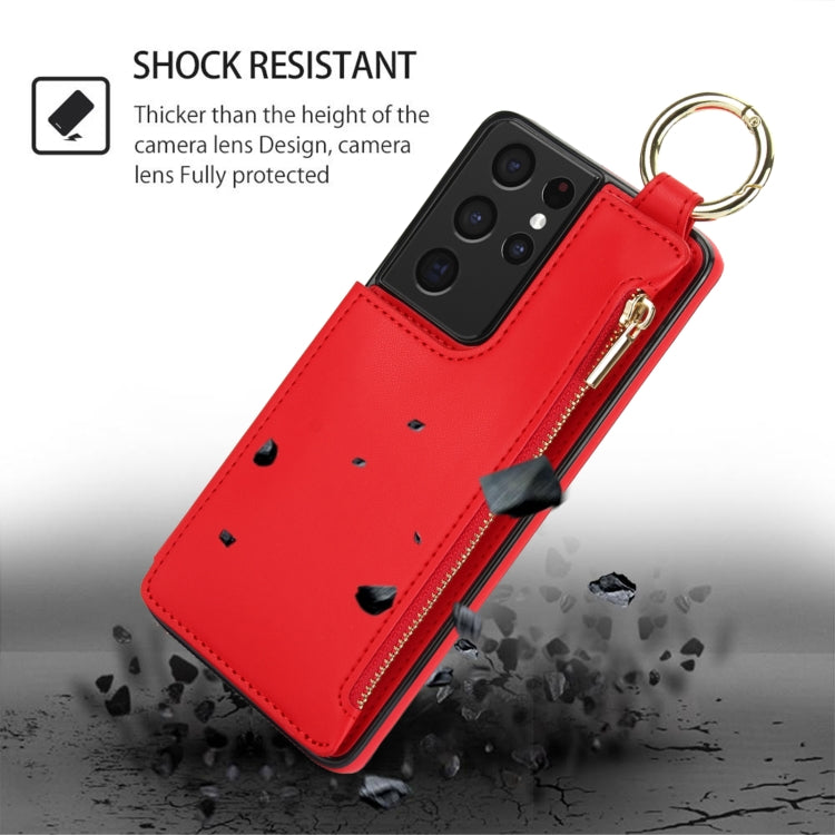 For Samsung Galaxy S21 Ultra 5G RFlD Anti-theft Double Buckle Ring Zipper Card Phone Case