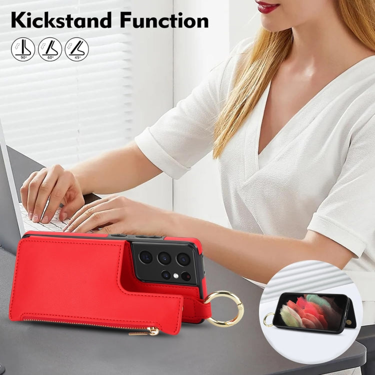 For Samsung Galaxy S21 Ultra 5G RFlD Anti-theft Double Buckle Ring Zipper Card Phone Case