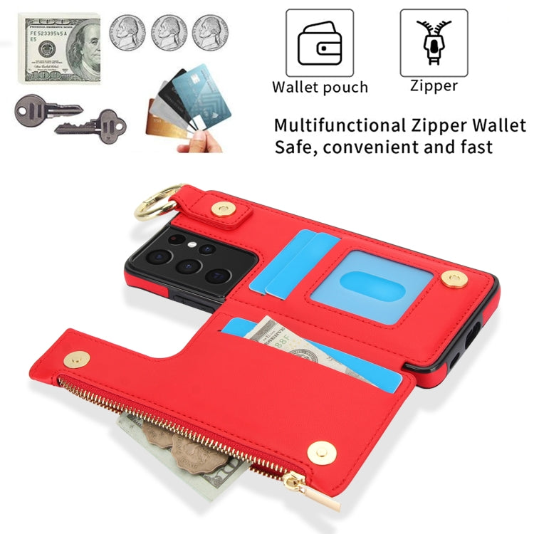 For Samsung Galaxy S21 Ultra 5G RFlD Anti-theft Double Buckle Ring Zipper Card Phone Case