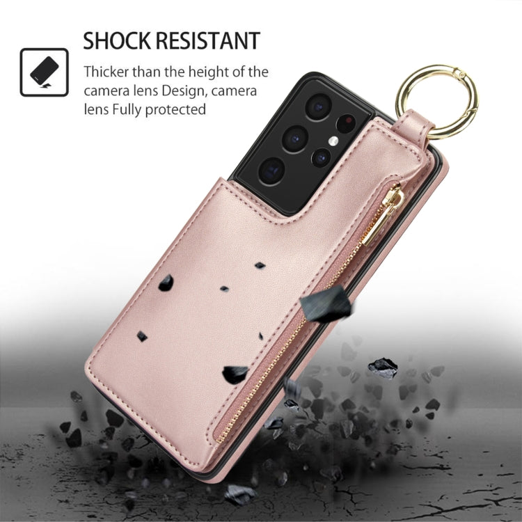 For Samsung Galaxy S21 Ultra 5G RFlD Anti-theft Double Buckle Ring Zipper Card Phone Case