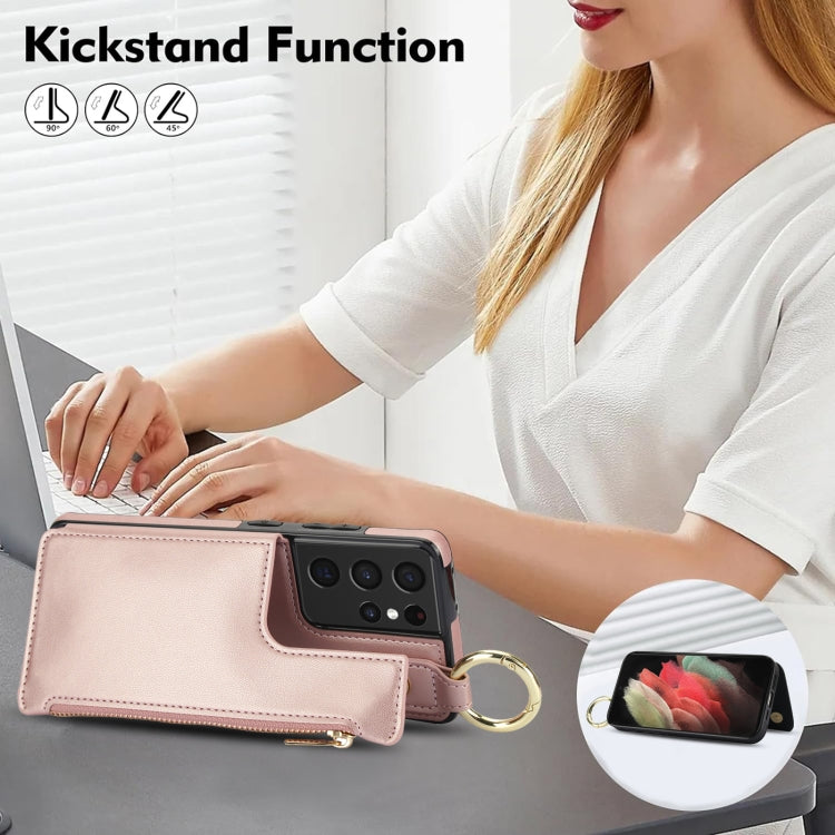 For Samsung Galaxy S21 Ultra 5G RFlD Anti-theft Double Buckle Ring Zipper Card Phone Case