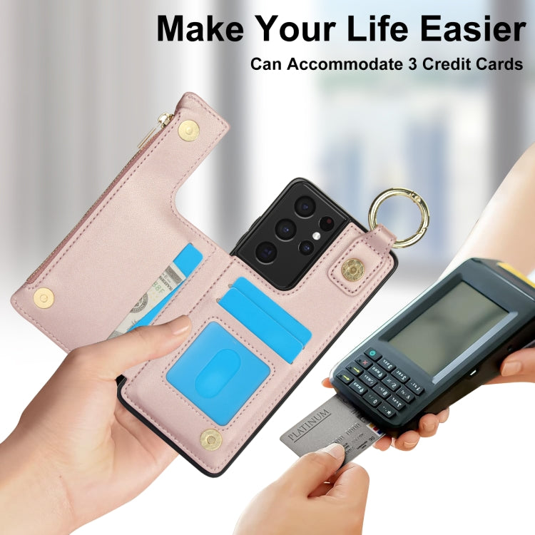 For Samsung Galaxy S21 Ultra 5G RFlD Anti-theft Double Buckle Ring Zipper Card Phone Case