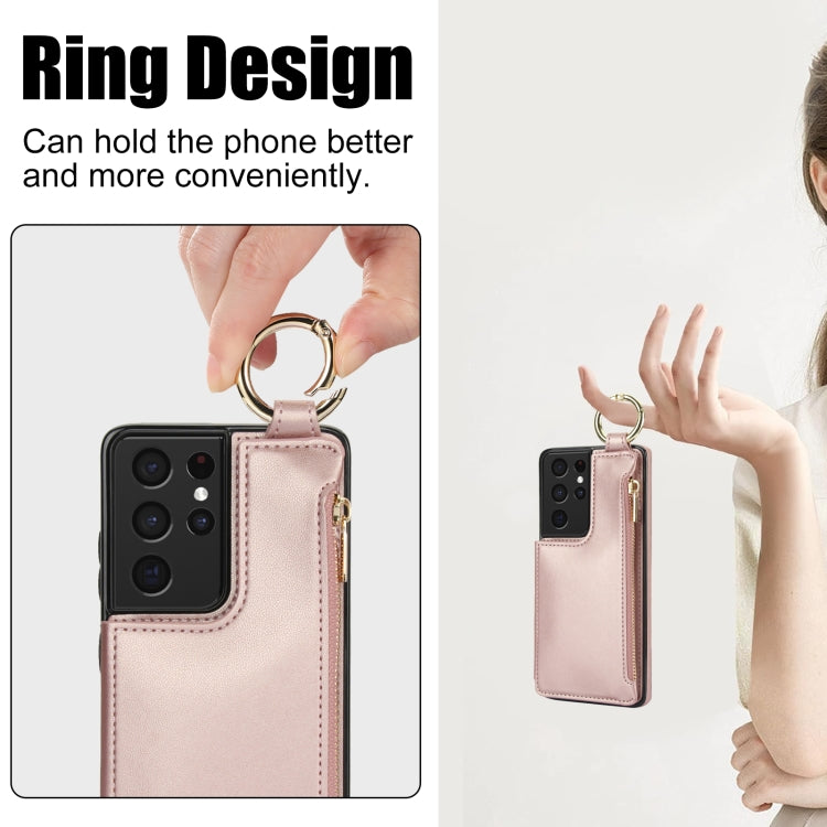 For Samsung Galaxy S21 Ultra 5G RFlD Anti-theft Double Buckle Ring Zipper Card Phone Case