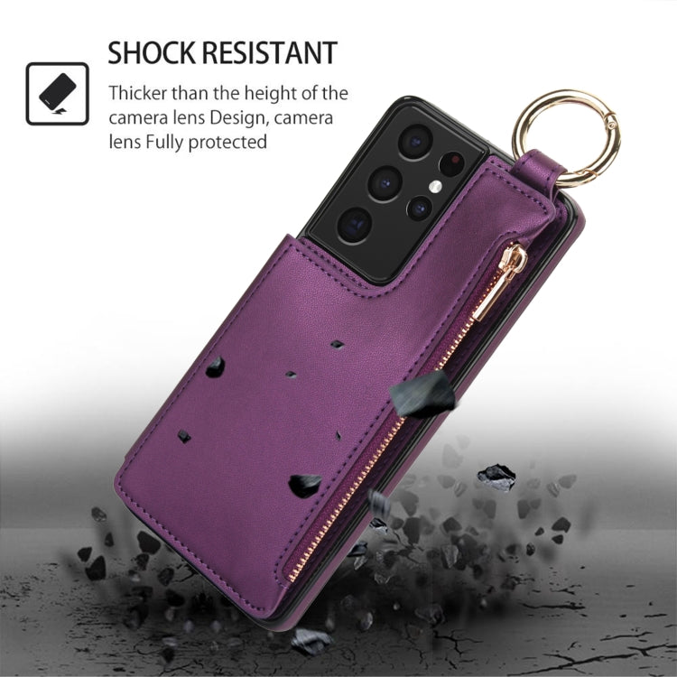 For Samsung Galaxy S21 Ultra 5G RFlD Anti-theft Double Buckle Ring Zipper Card Phone Case