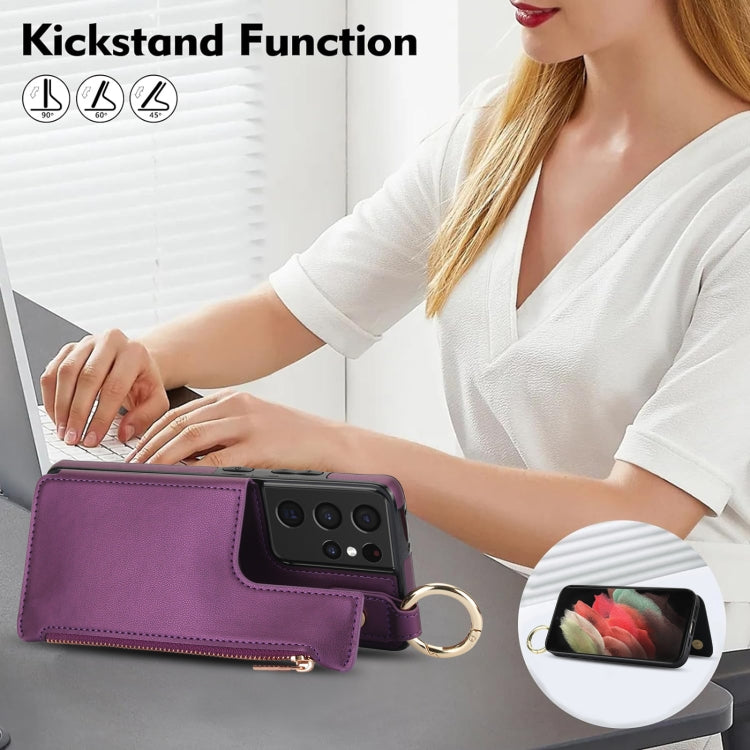 For Samsung Galaxy S21 Ultra 5G RFlD Anti-theft Double Buckle Ring Zipper Card Phone Case