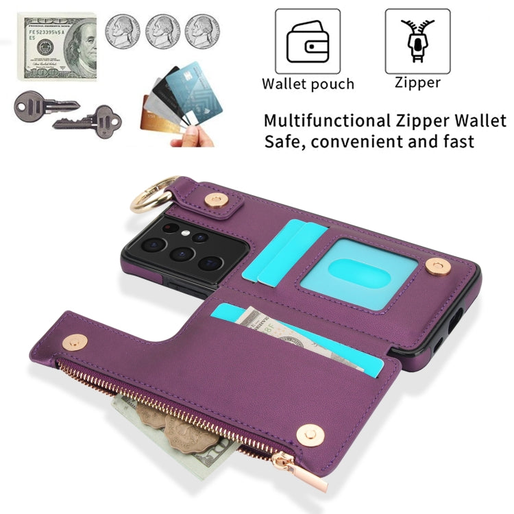 For Samsung Galaxy S21 Ultra 5G RFlD Anti-theft Double Buckle Ring Zipper Card Phone Case