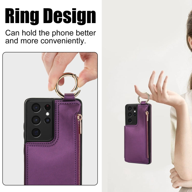 For Samsung Galaxy S21 Ultra 5G RFlD Anti-theft Double Buckle Ring Zipper Card Phone Case