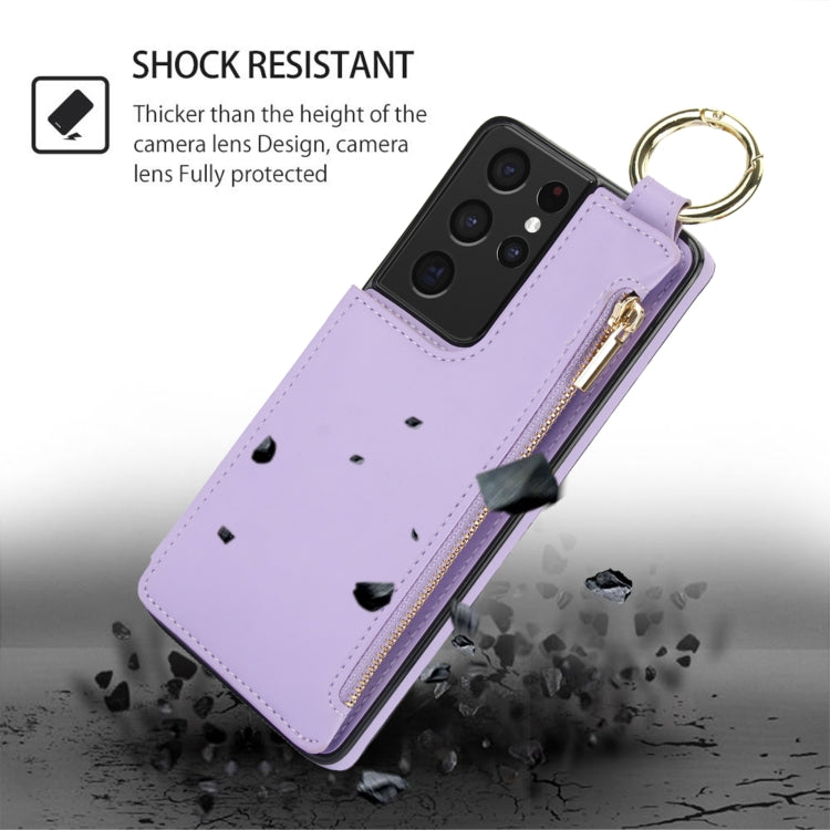 For Samsung Galaxy S21 Ultra 5G RFlD Anti-theft Double Buckle Ring Zipper Card Phone Case