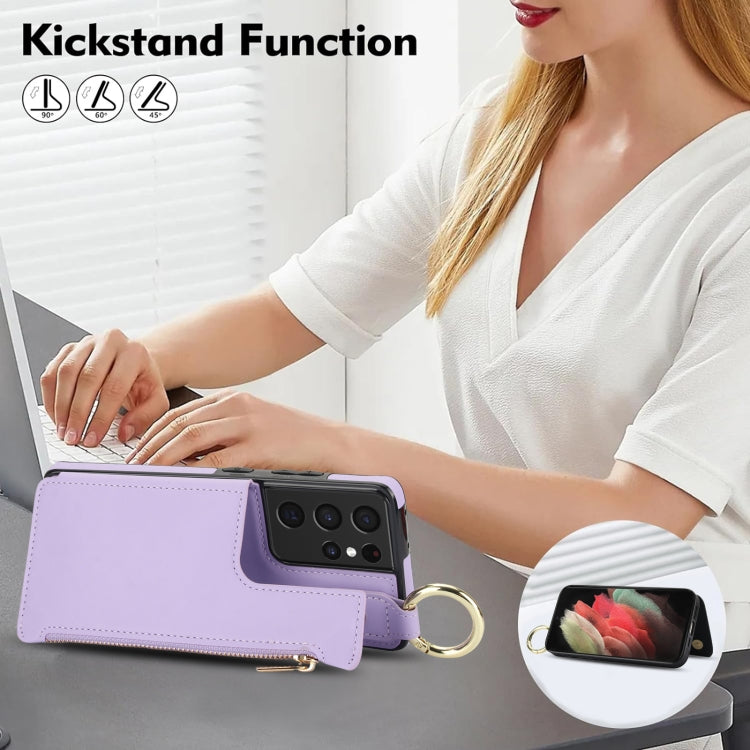 For Samsung Galaxy S21 Ultra 5G RFlD Anti-theft Double Buckle Ring Zipper Card Phone Case