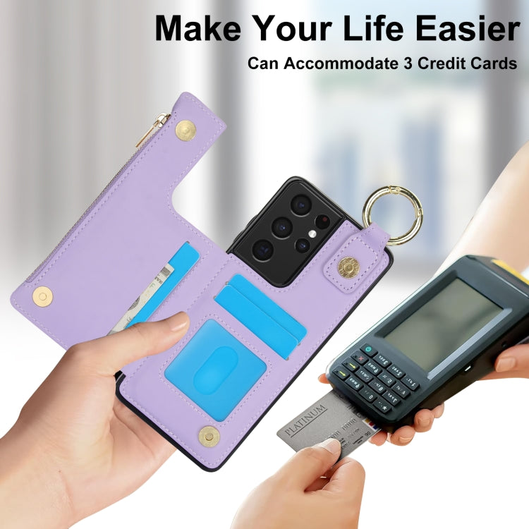 For Samsung Galaxy S21 Ultra 5G RFlD Anti-theft Double Buckle Ring Zipper Card Phone Case