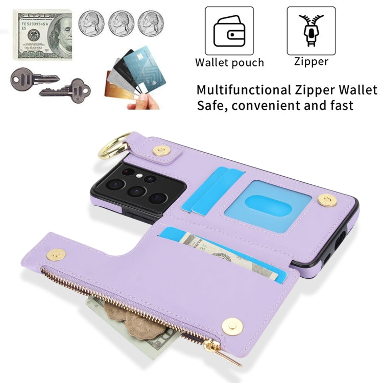 For Samsung Galaxy S21 Ultra 5G RFlD Anti-theft Double Buckle Ring Zipper Card Phone Case