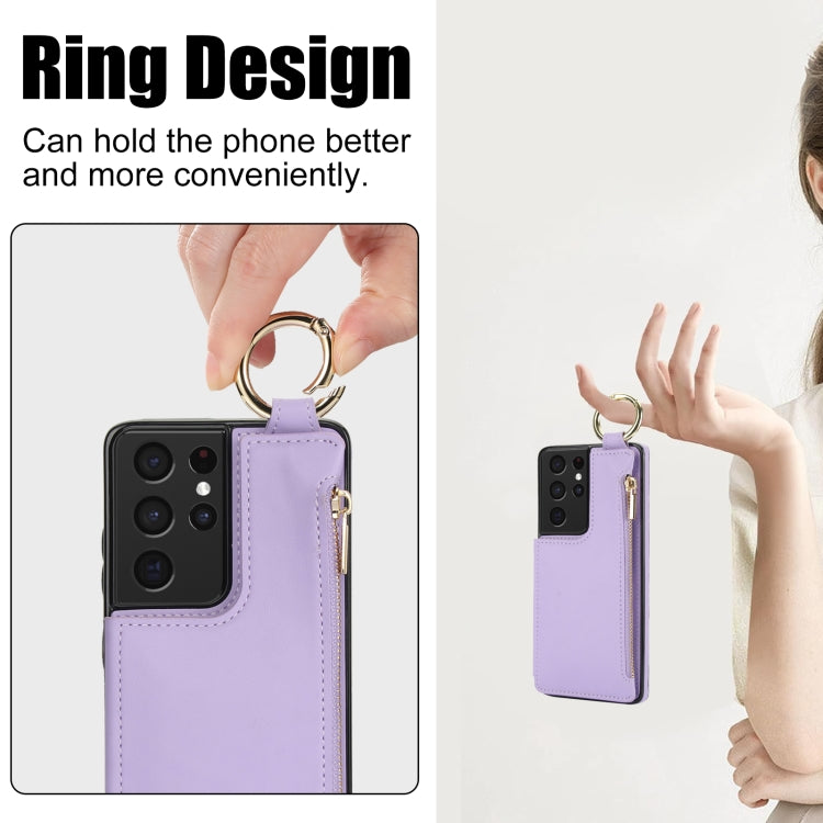 For Samsung Galaxy S21 Ultra 5G RFlD Anti-theft Double Buckle Ring Zipper Card Phone Case