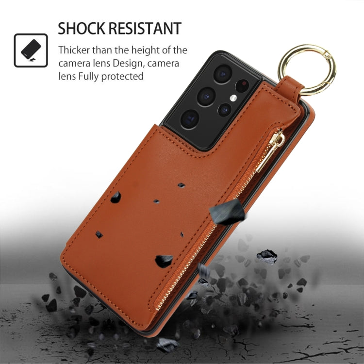 For Samsung Galaxy S21 Ultra 5G RFlD Anti-theft Double Buckle Ring Zipper Card Phone Case