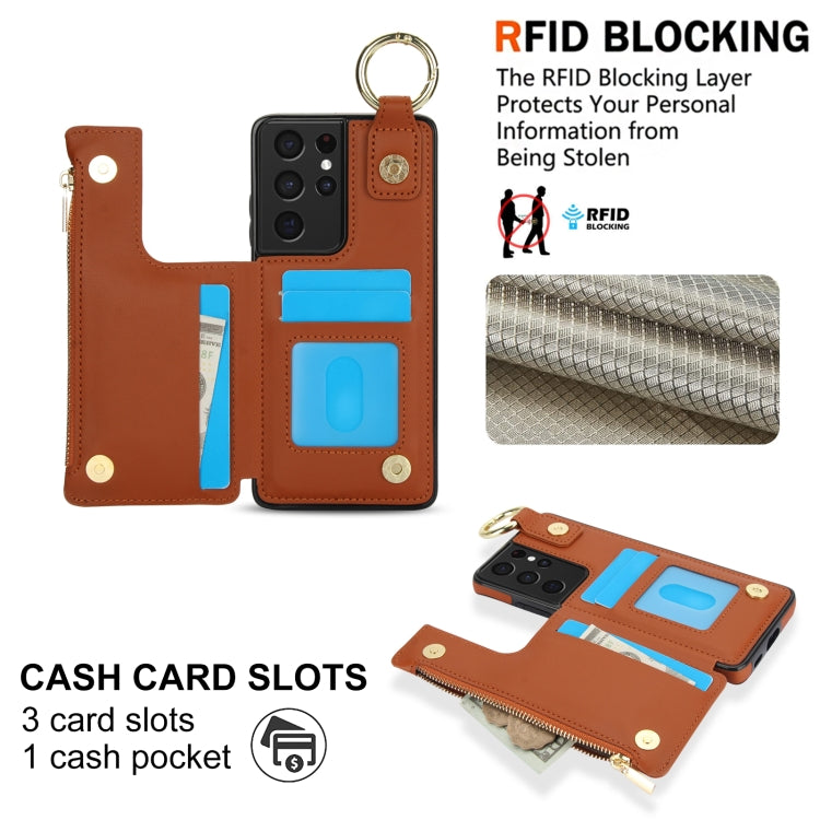 For Samsung Galaxy S21 Ultra 5G RFlD Anti-theft Double Buckle Ring Zipper Card Phone Case