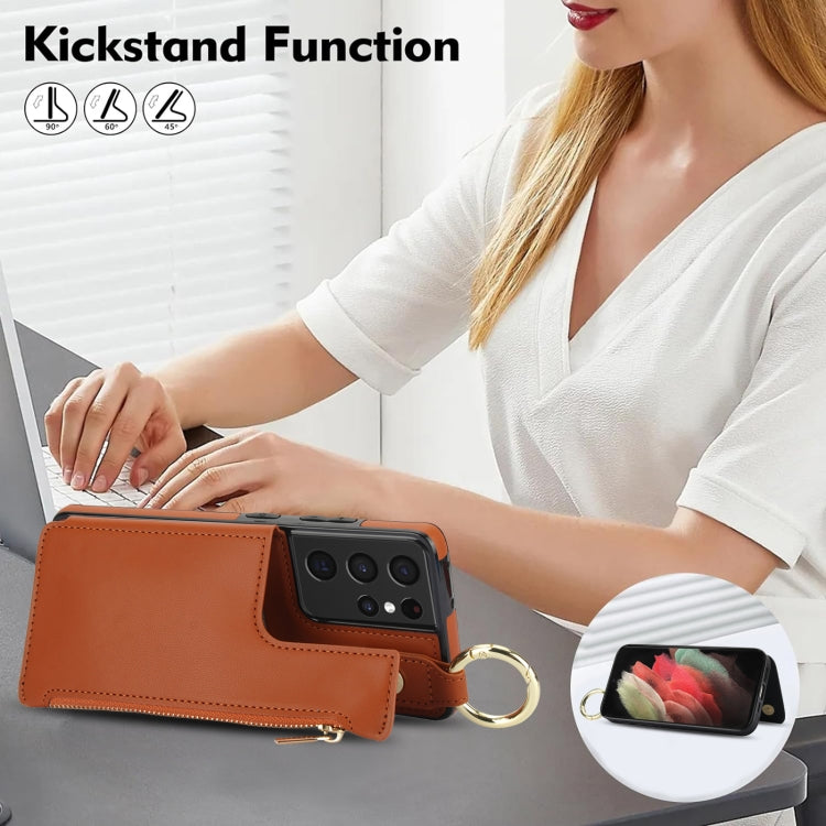 For Samsung Galaxy S21 Ultra 5G RFlD Anti-theft Double Buckle Ring Zipper Card Phone Case